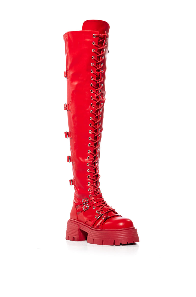 AZALEA WANG TAKE FIVE RED OVER THE KNEE LACE UP BOOT