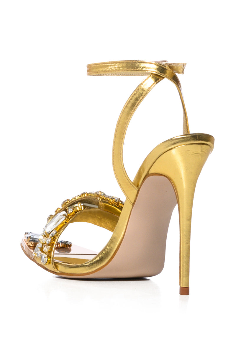 AZALEA WANG TILLY RHINESTONE STILETTO SANDAL IN GOLD