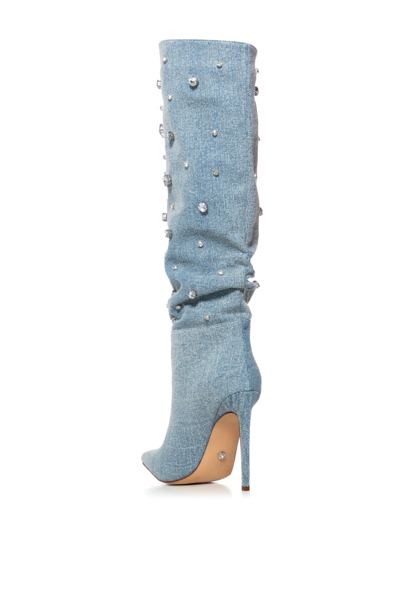 AZALEA WANG STARSHINE DENIM AND RHINESTONE SLOUCH BOOT