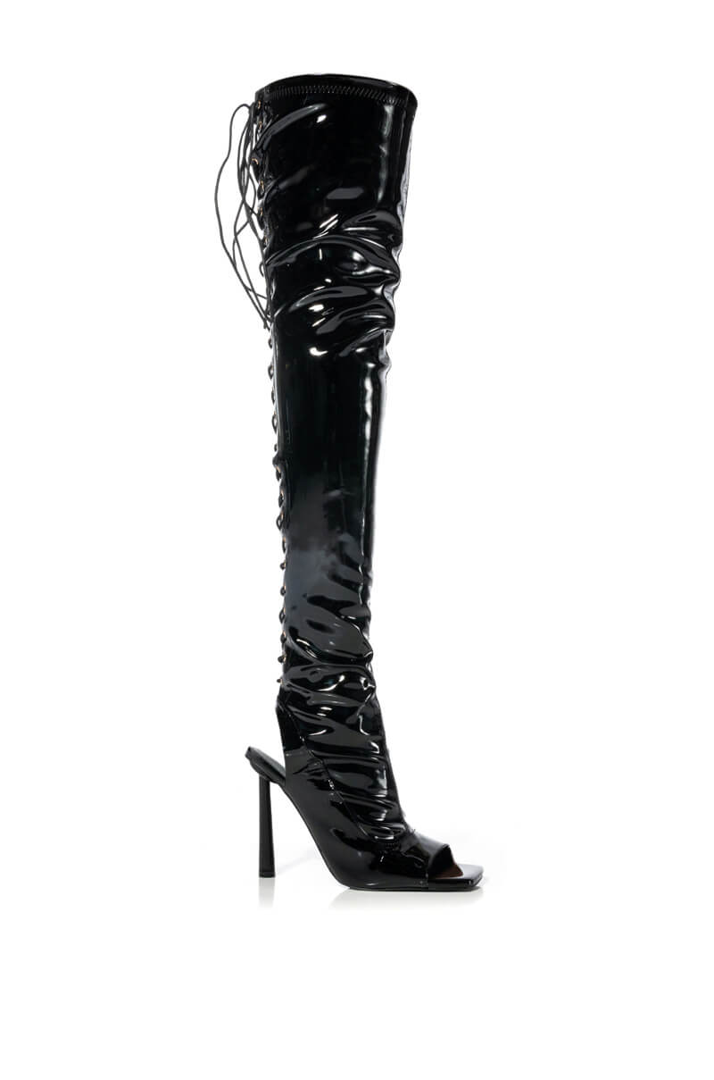 AZALEA WANG YORI SEXY PATENT OPEN TOE BOOT IN BLACK