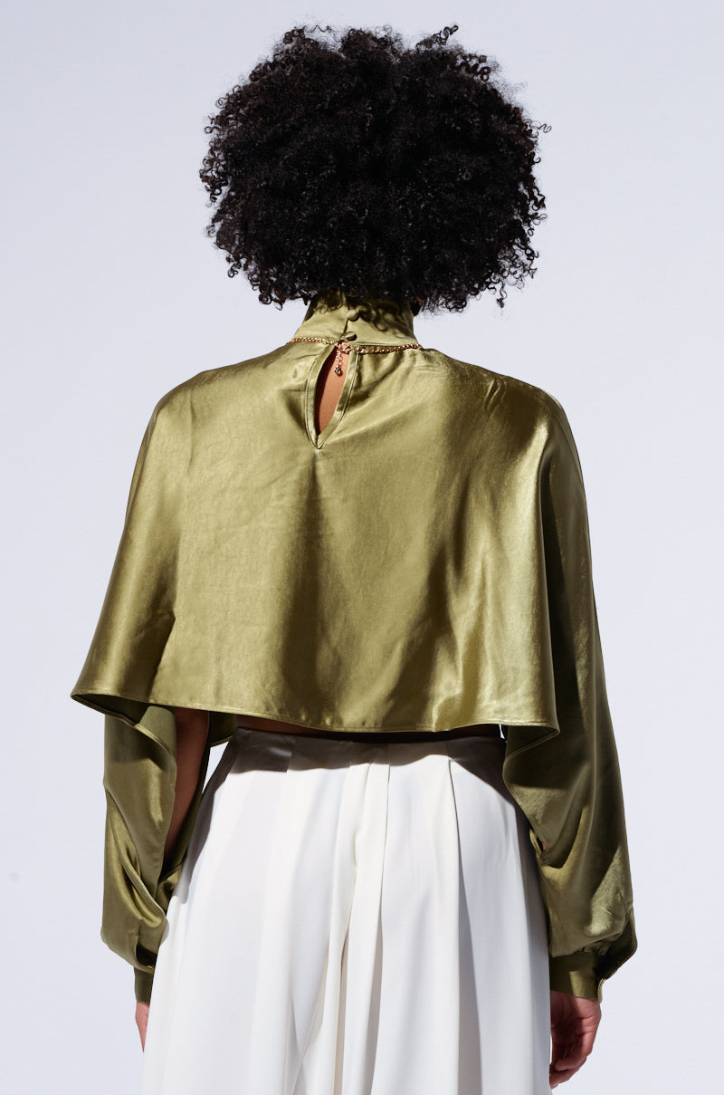 SATIN MOCK NECK BLOUSE IN OLIVE