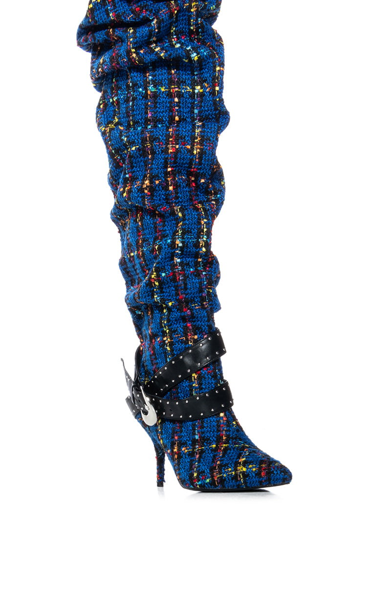 AZALEA WANG TAJA PLAID THIGH HIGH BOOT WITH BUCKLE DETAIL IN BLUE