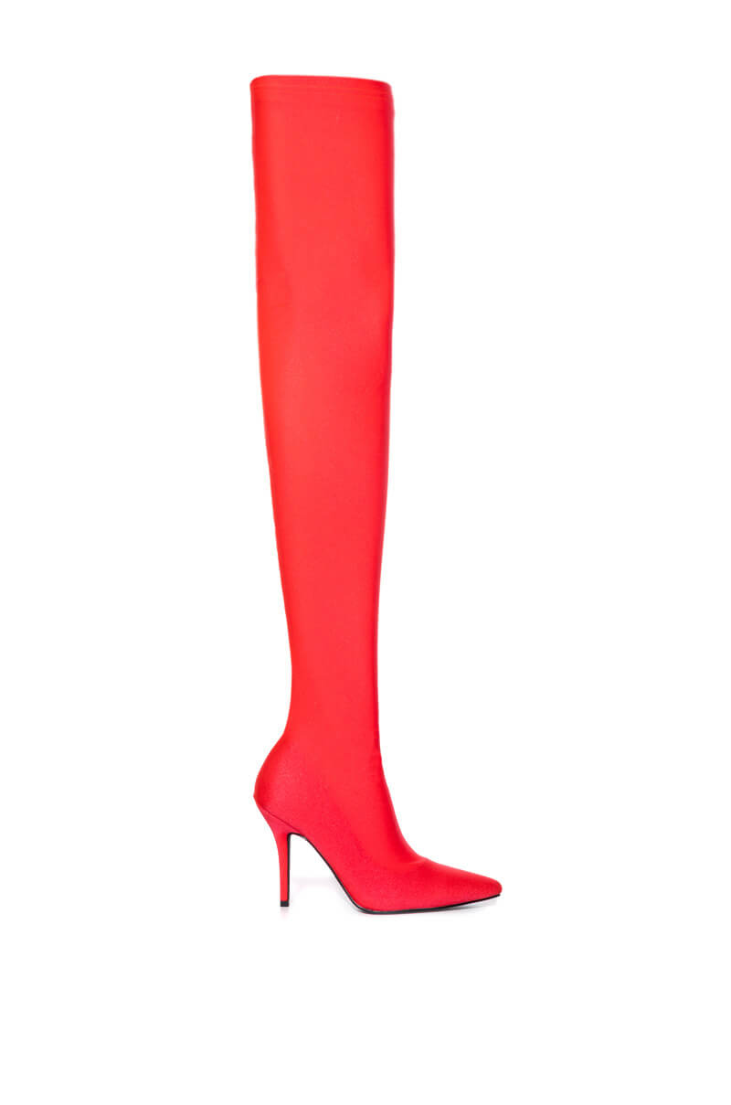 AZALEA WANG LOVE STRUCK THIGH HIGH STILETTO BOOT IN RED STRETCH