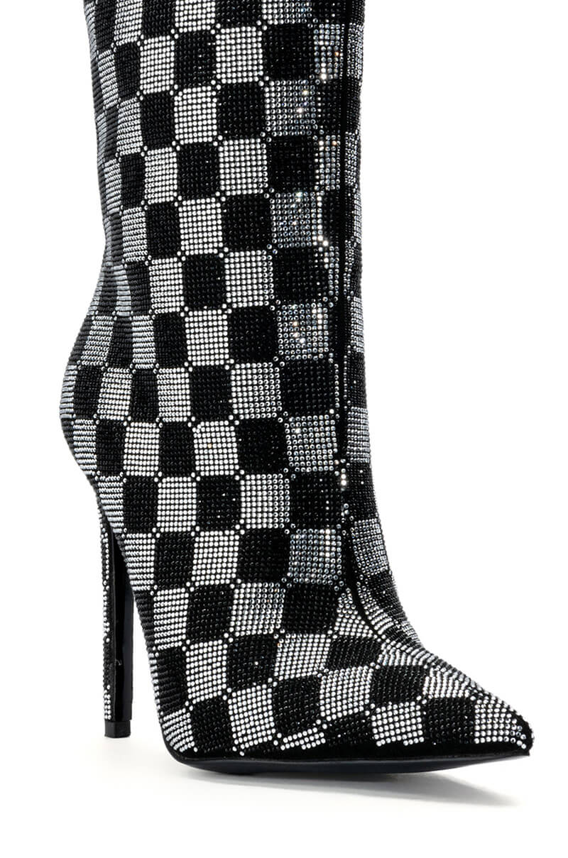 AZALEA WANG CHECKERBOARD BLING STILETTO BOOTIE IN BLACK