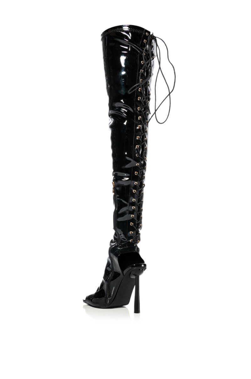 AZALEA WANG YORI SEXY PATENT OPEN TOE BOOT IN BLACK