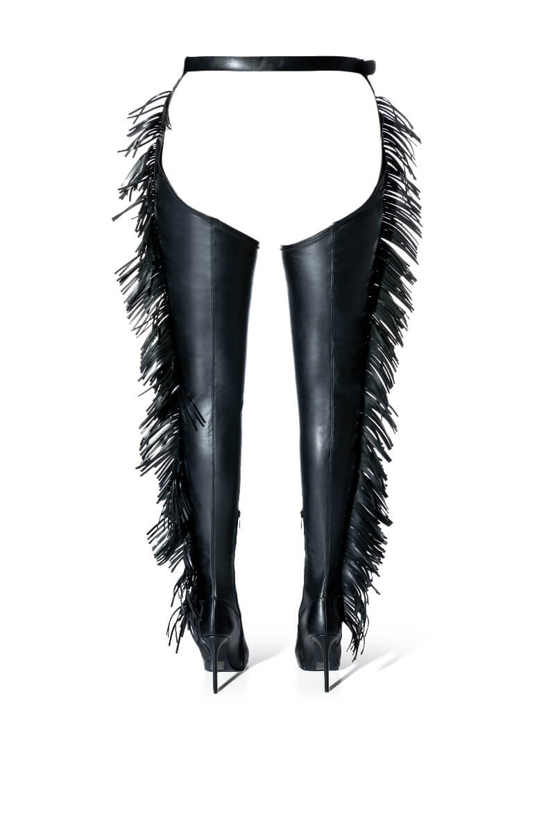 AZALEA WANG RIDE AT DAWN BELTED THIGH HIGH STILETTO FRINGE CHAP BOOT WITH 4 WAY STRETCH