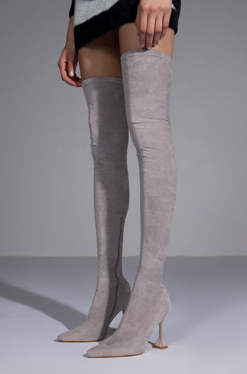 AZALEA WANG ELEVATE THIGH HIGH STRETCH SUEDE BOOT IN GREY