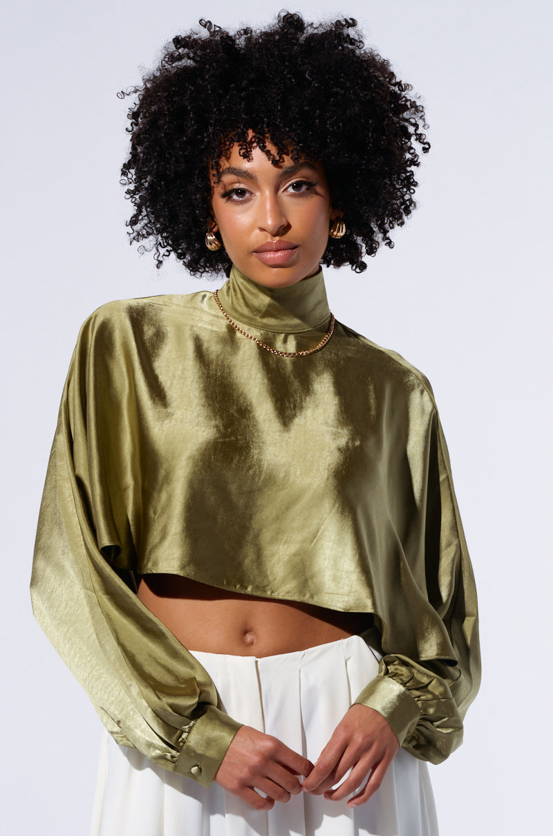 SATIN MOCK NECK BLOUSE IN OLIVE