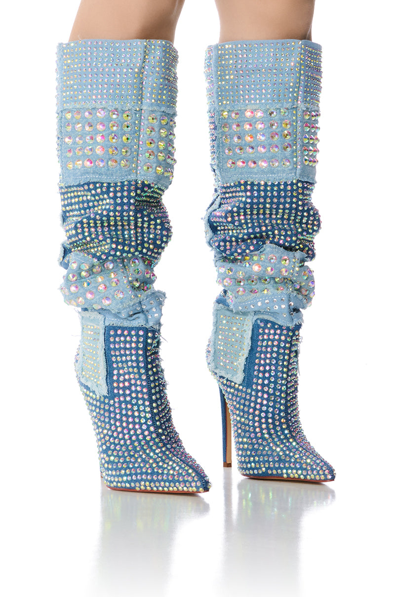 AZALEA WANG MAYABELLE DENIM AND DIAMONDS PATCHWORK BOOT