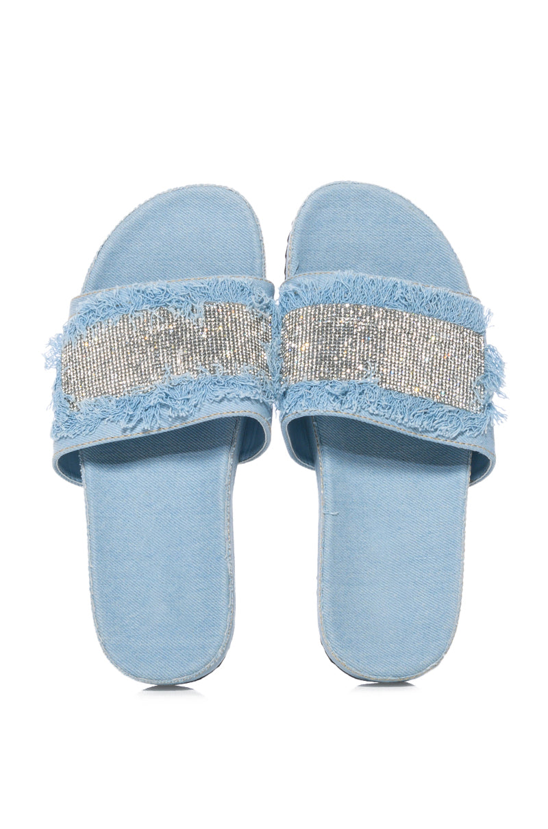 VISE EMBELLISHED SLIP ON DENIM SANDAL IN LIGHT BLUE