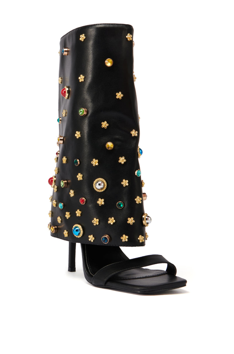 AZALEA WANG MITSUE BLACK EMBELLISHED FOLD OVER OPEN TOE SANDAL BOOT