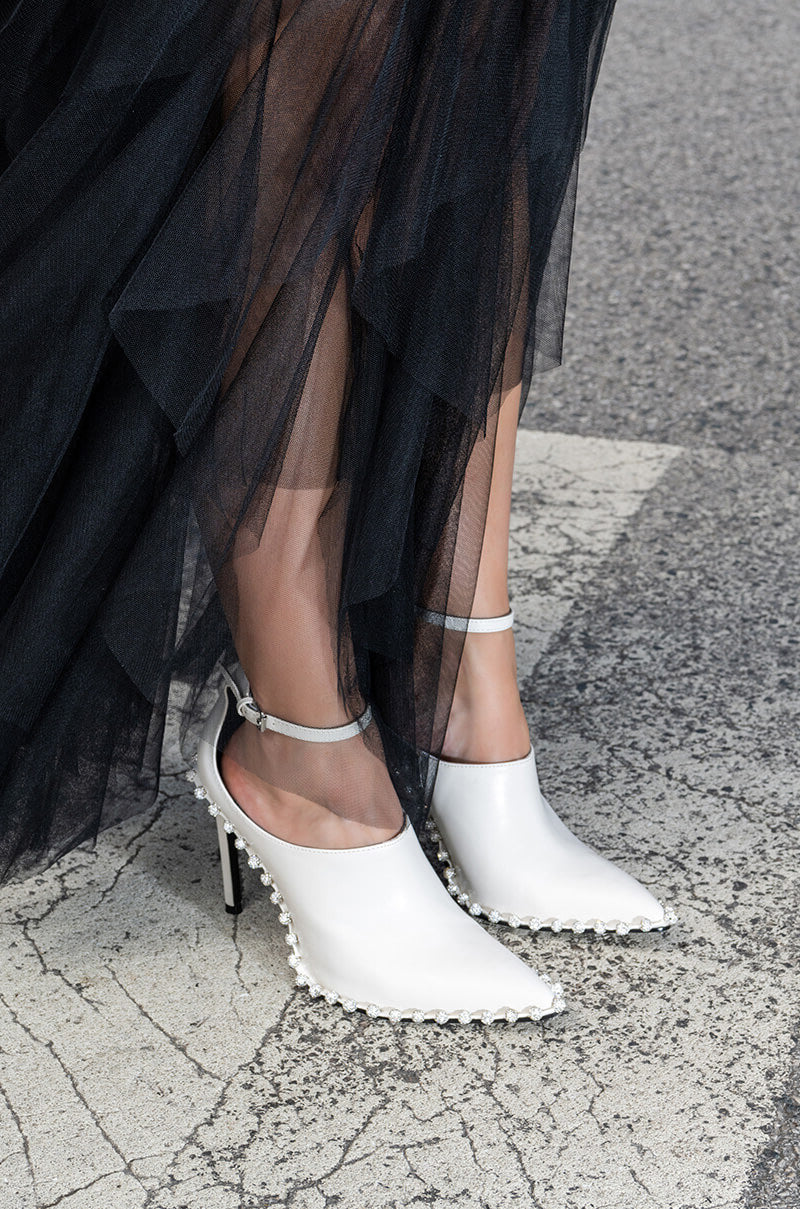 AZALEA WANG FOSSA WHITE EMBELLISHED STRAP PUMP