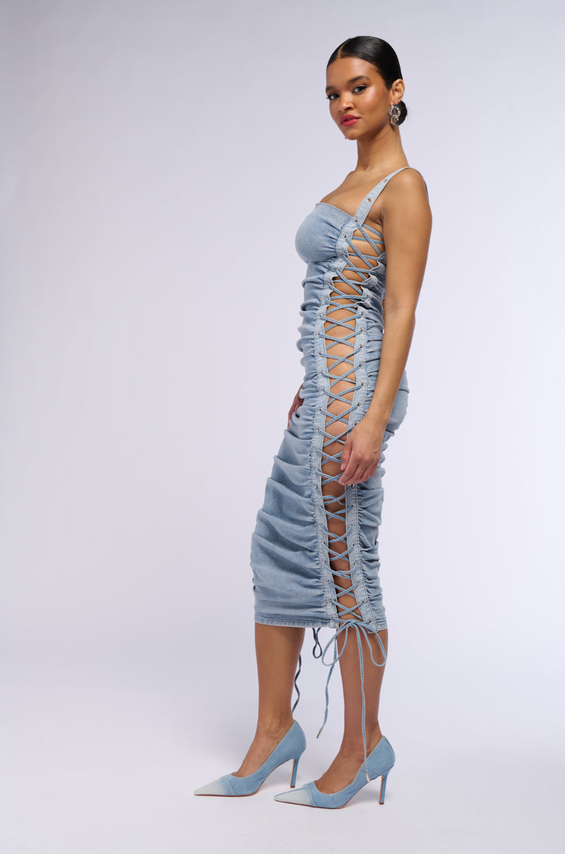 LOOK AT ME LACE UP DENIM MIDI DRESS