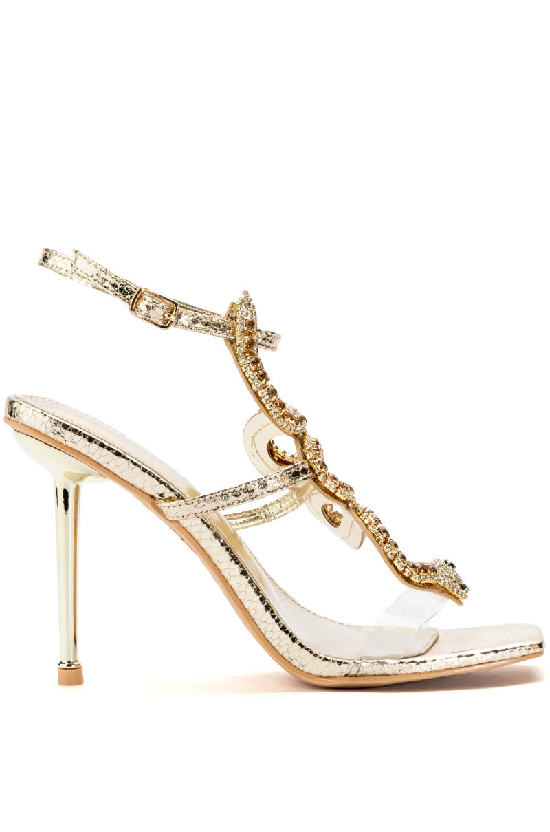 AZALEA WANG COBRA SNAKE RHINESTONE STILETTO HEEL IN GOLD