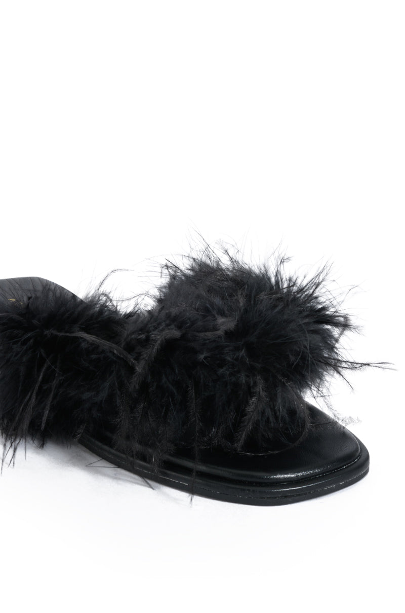 AZALEA WANG PAMMY FEATHER FLAT SANDAL IN BLACK