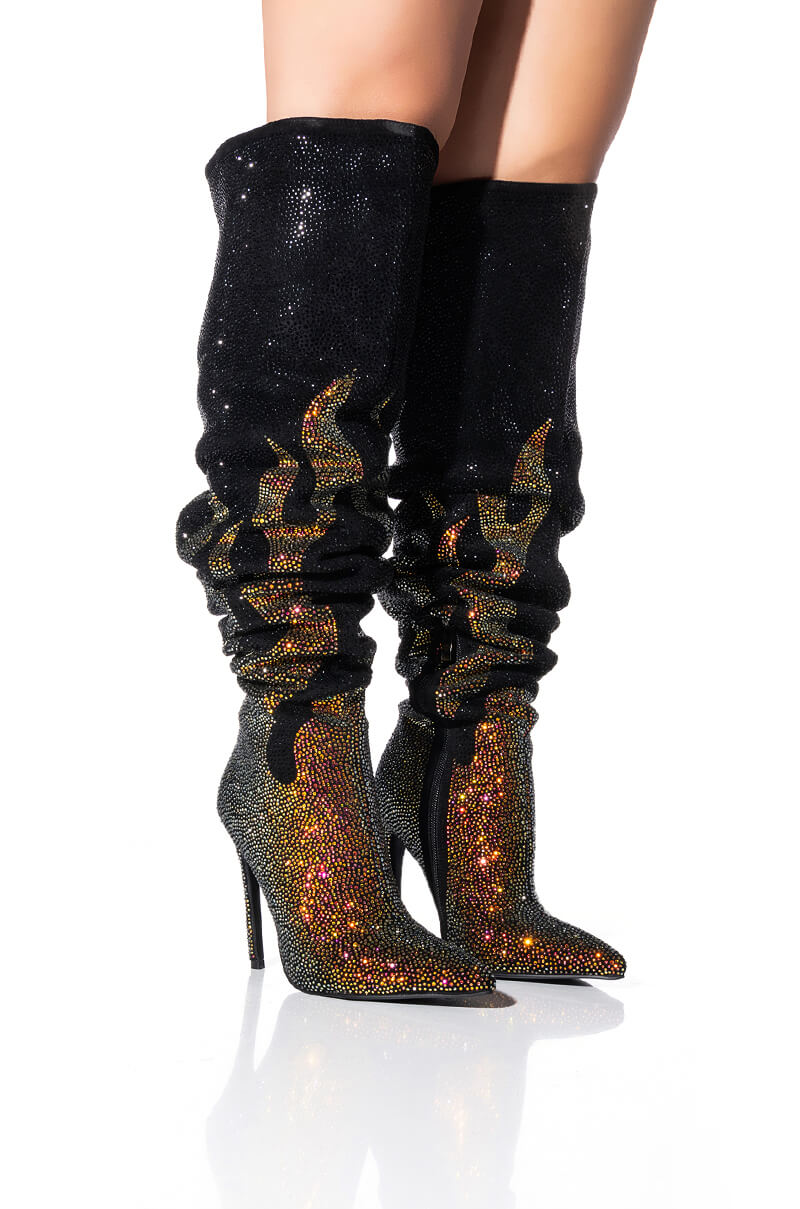 AZALEA WANG LAUNCH BLINGED FIRE STILETTO BOOT IN BLACK