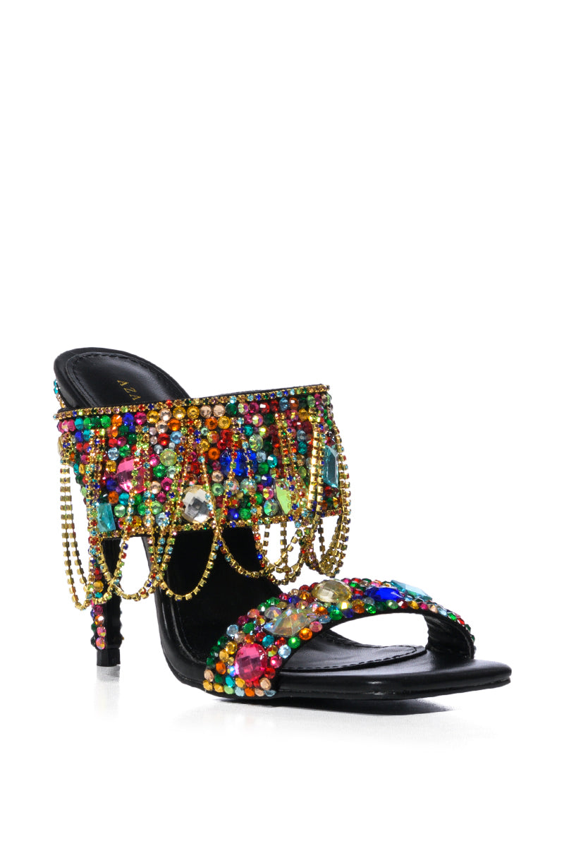 AZALEA WANG GLAM CAMP EMBELLISHED MULE IN BLACK MULTI