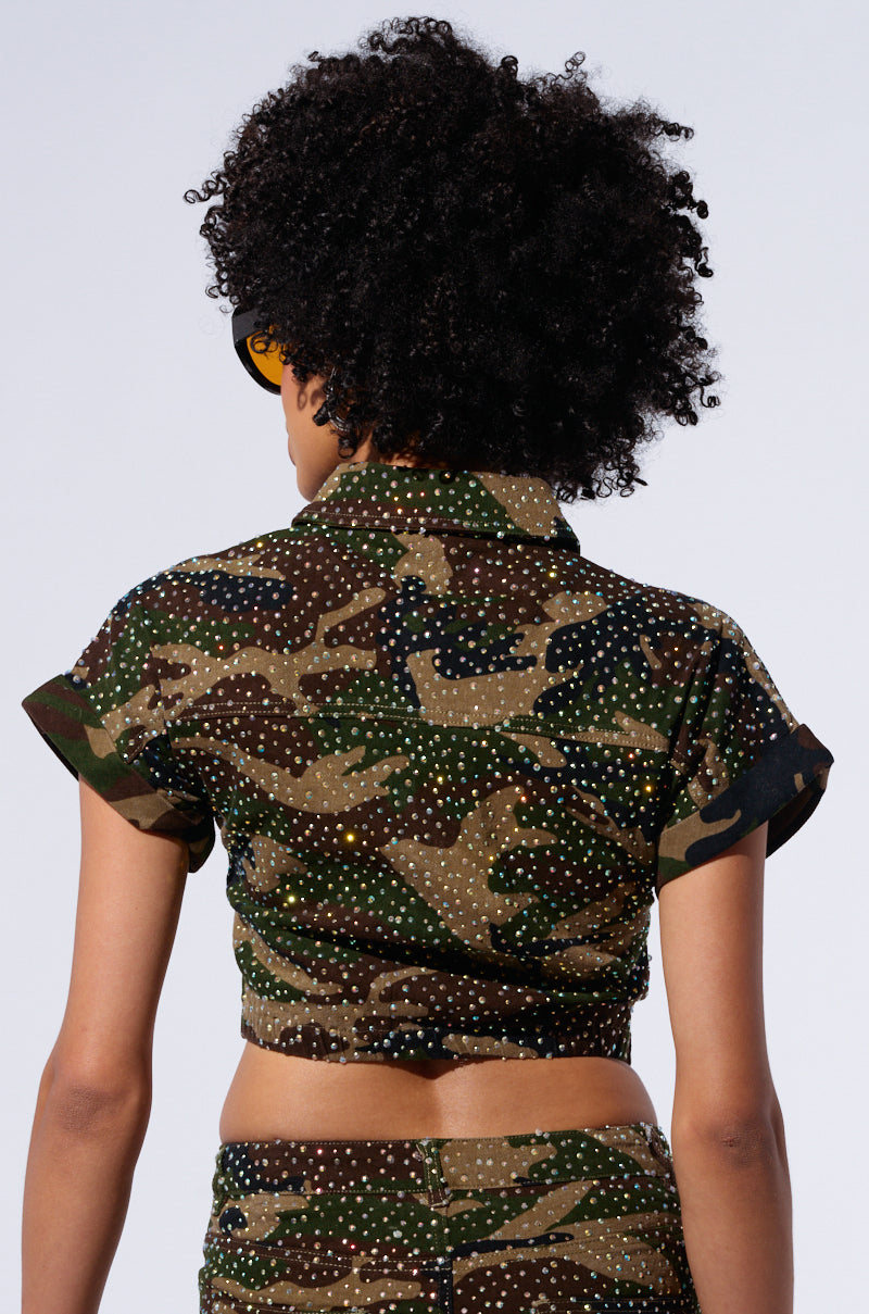 NO MERCY BUTTON DOWN CAMO CROPPED SHIRT