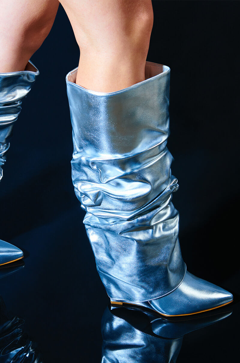 AZALEA WANG ZUMMA METALLIC RUCHED WEDGE BOOT IN SILVER