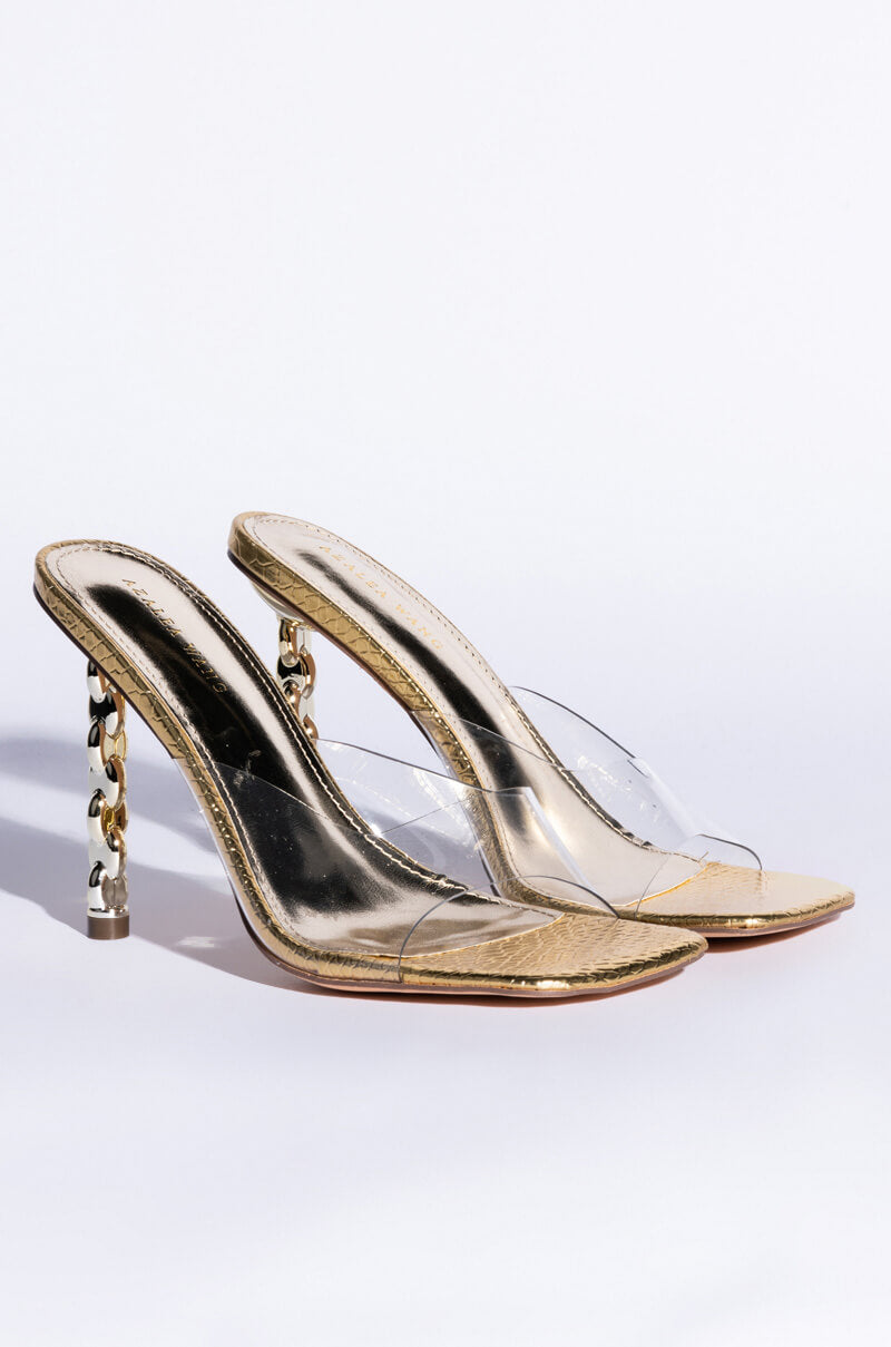 AZALEA WANG HEARTS RACING STILETTO SANDAL IN GOLD