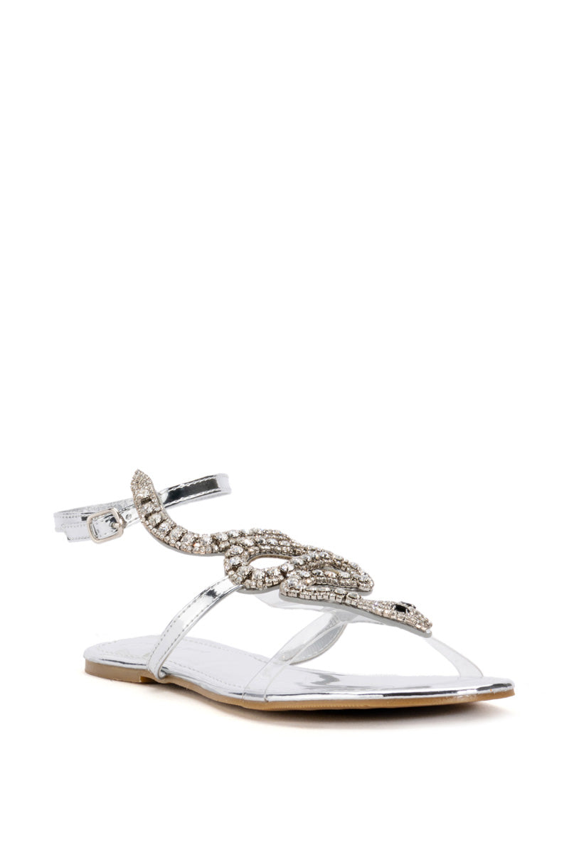 AZALEA WANG ESTRELLA FLAT SNAKE SANDAL IN SILVER