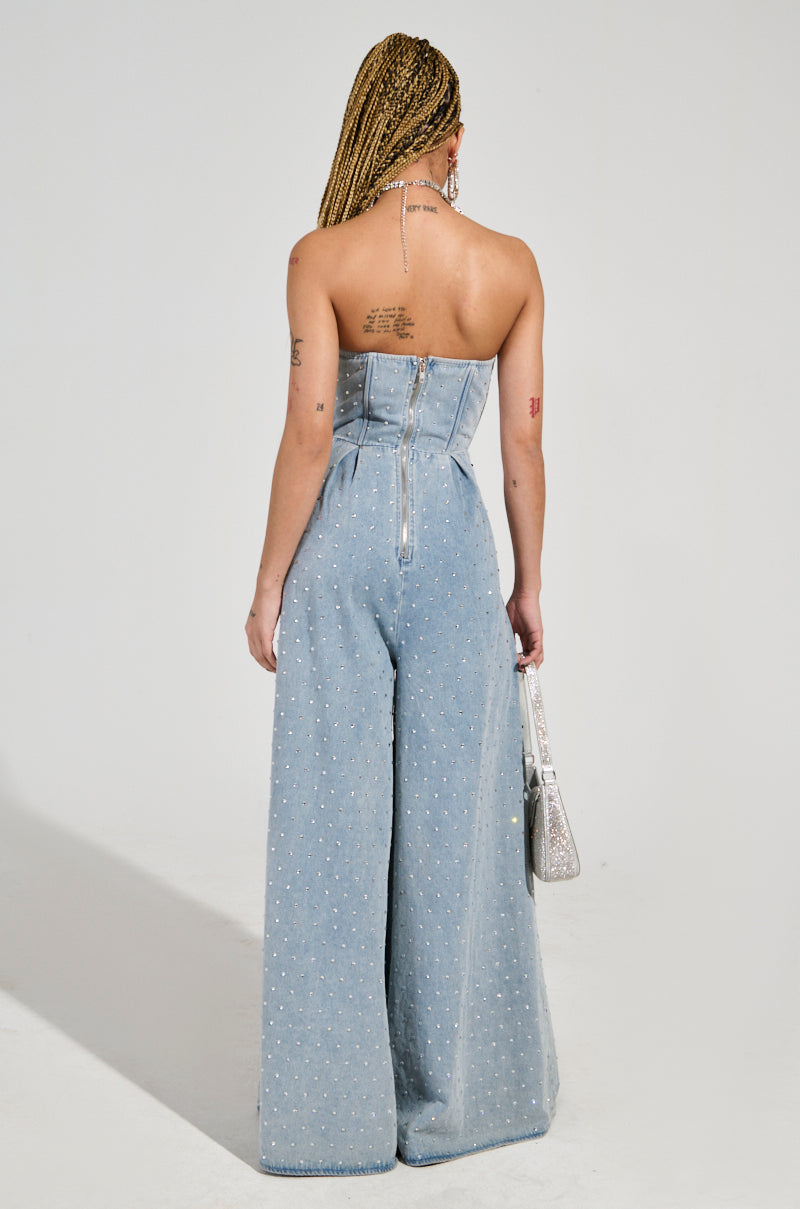 CAN'T OUTSHINE ME DENIM AND RHINESTONE JUMPSUIT