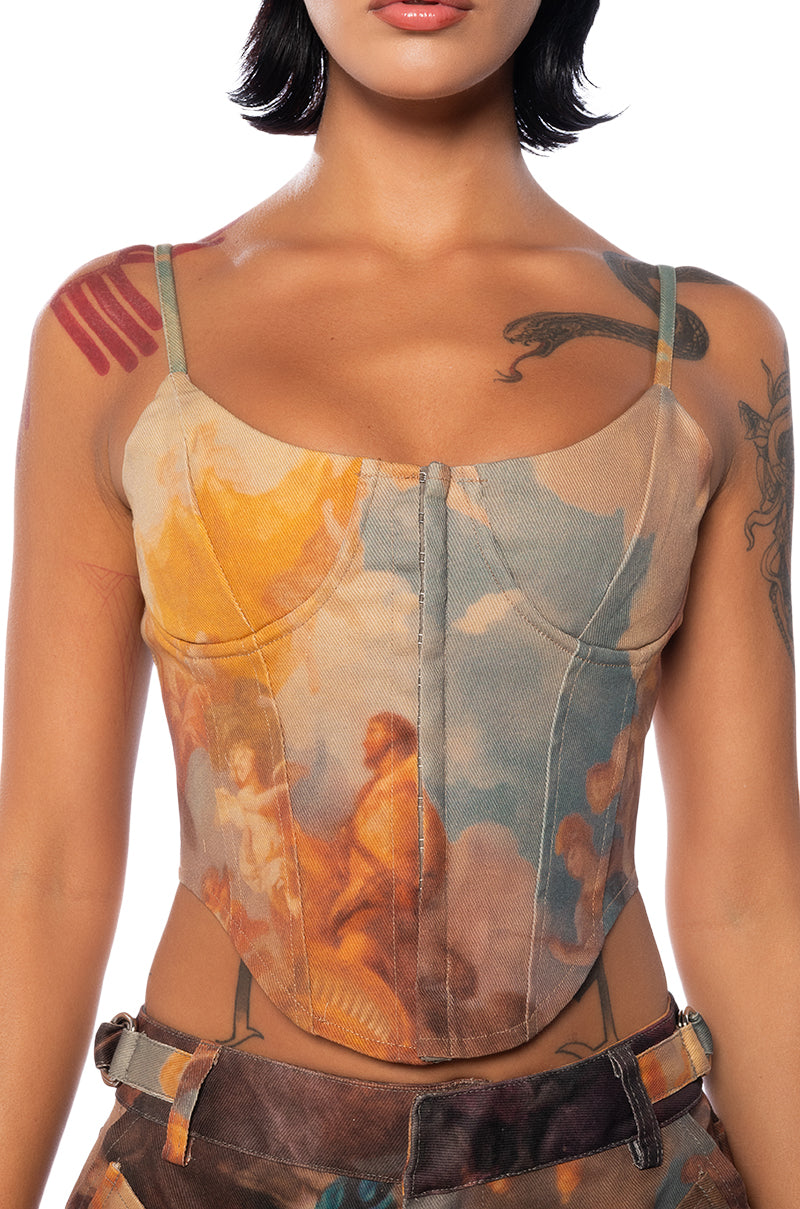 ANGEL EYES PRINTED DENIM CORSET