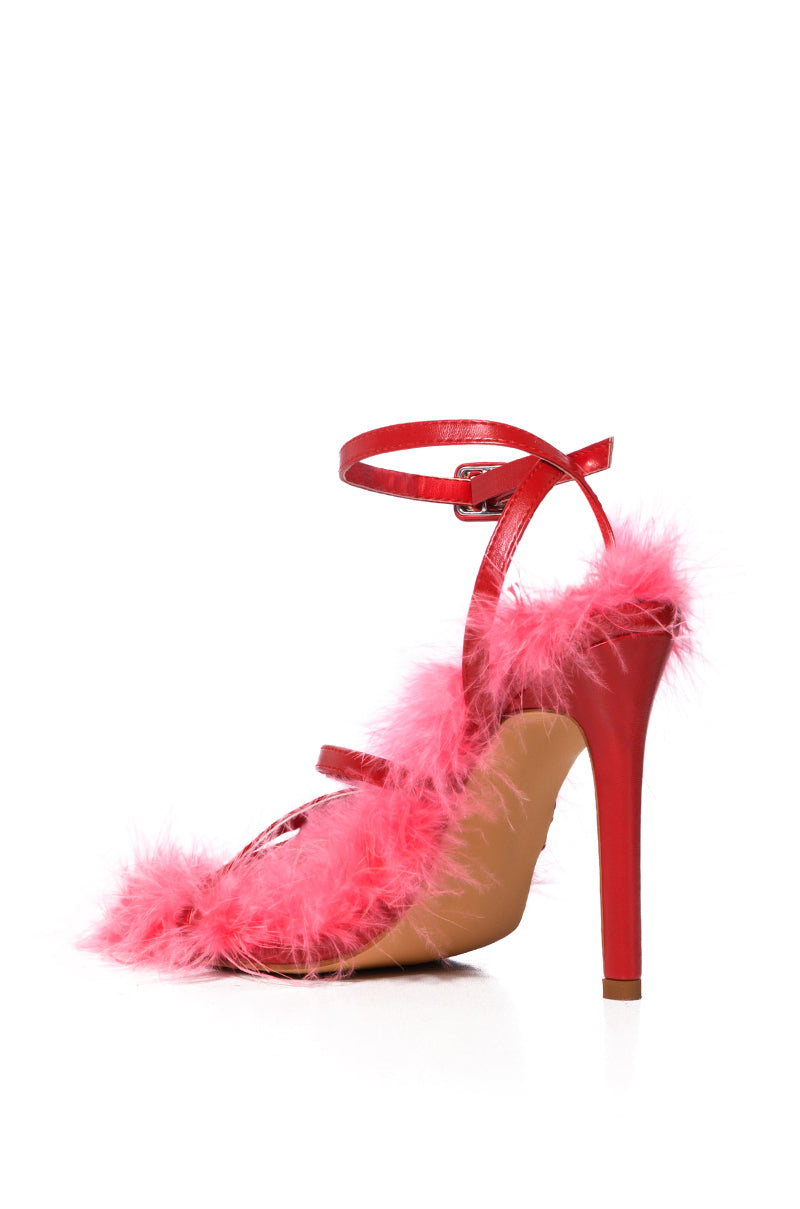 AZALEA WANG BODHI RED AND BLACK FUZZY STILLETO SANDAL