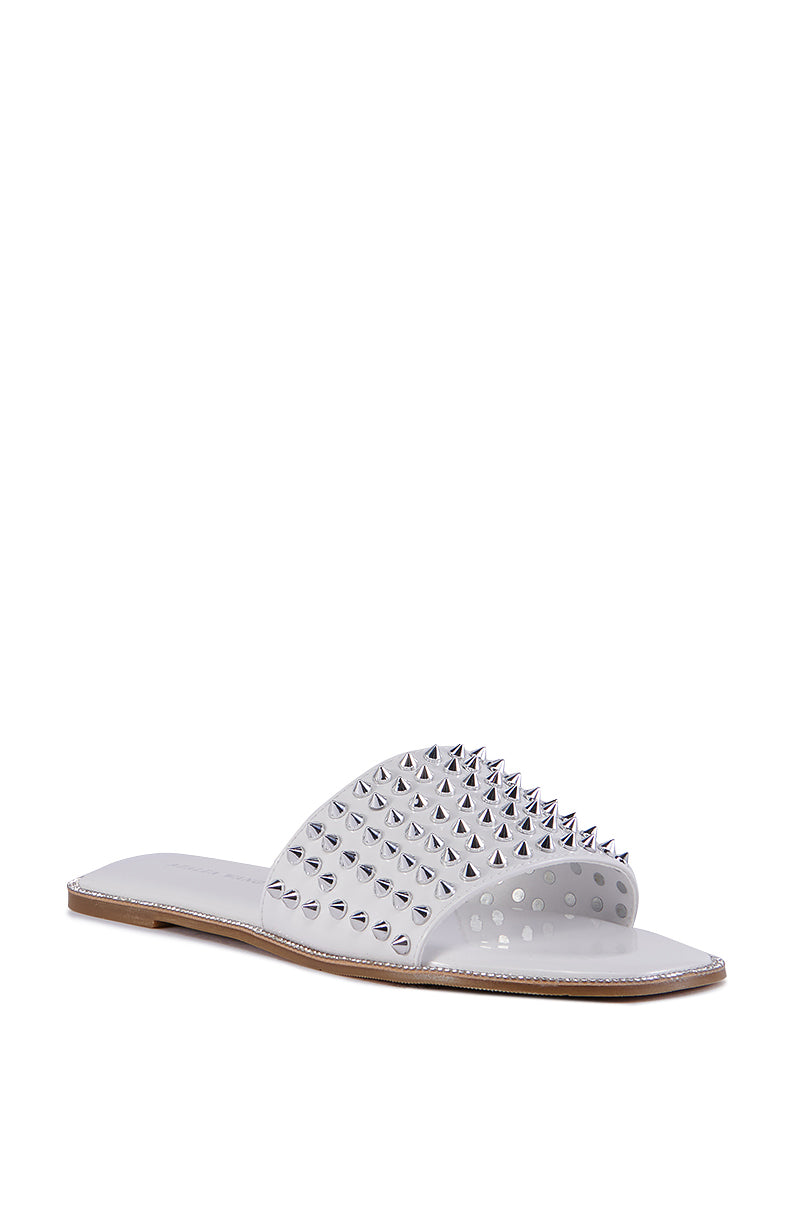 AZALEA WANG EMMONS WHITE SPIKY STUD FLAT SANDAL