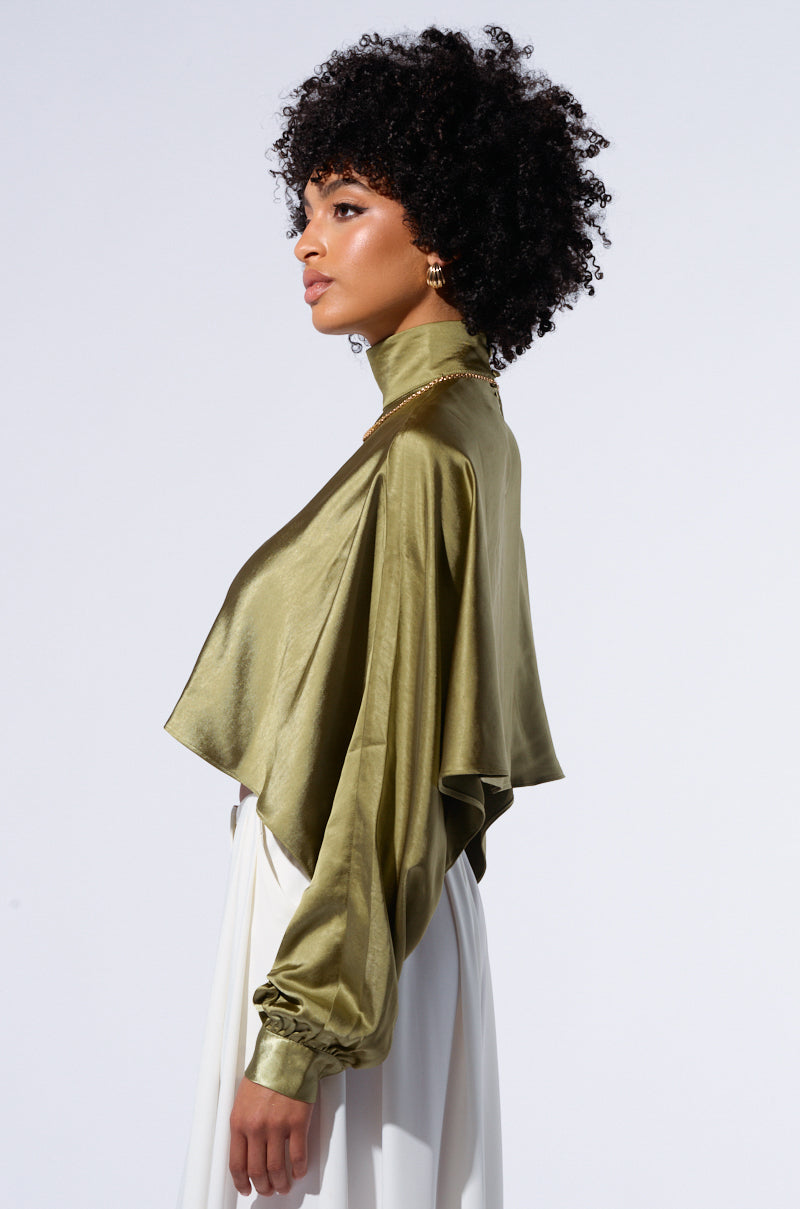 SATIN MOCK NECK BLOUSE IN OLIVE