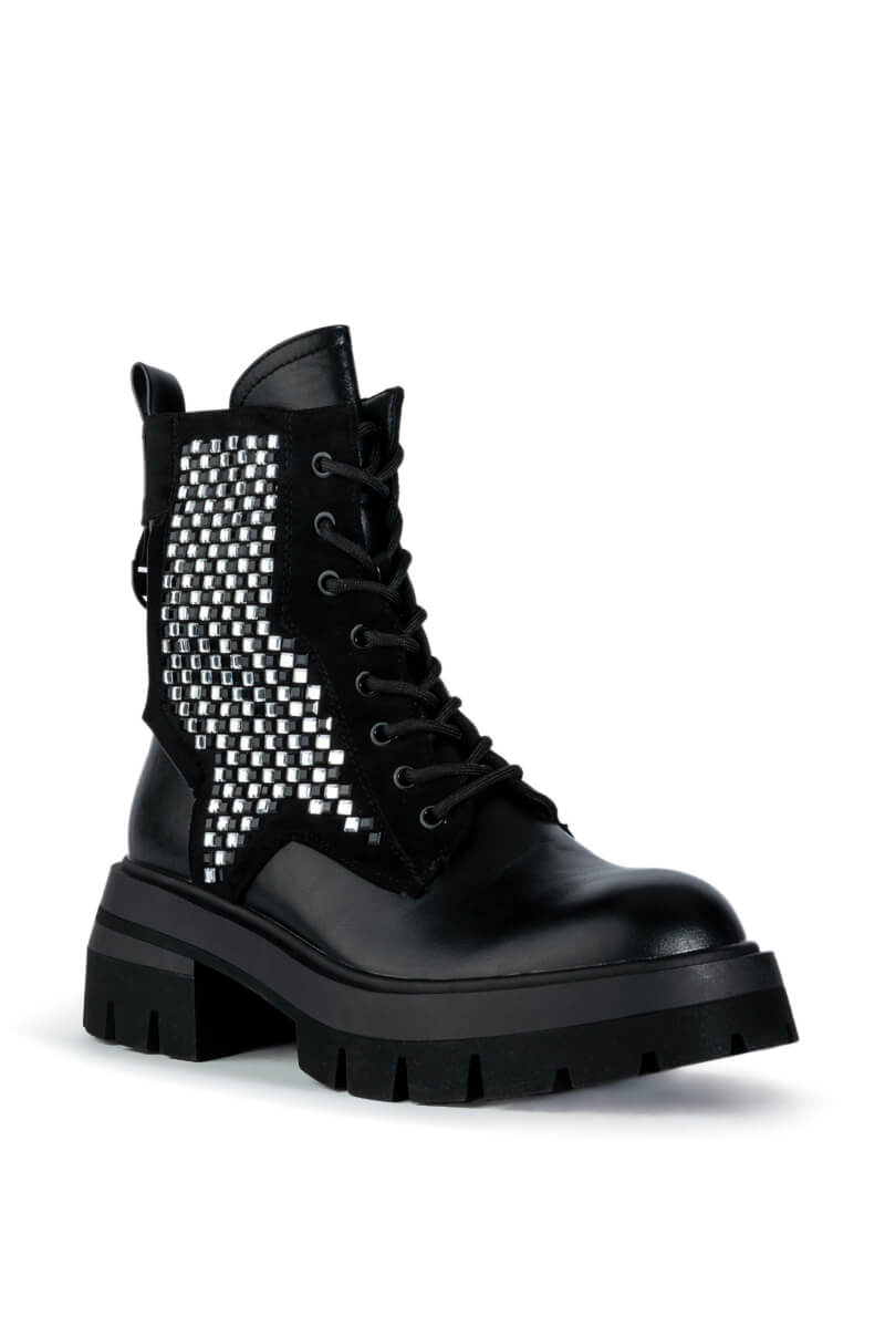 AZALEA WANG PHOEBE FLATFORM BLING COMBAT BOOT IN BLACK