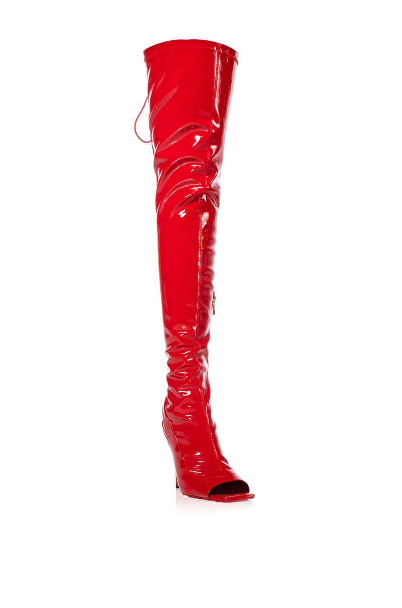 AZALEA WANG YORI SEXY PATENT OPEN TOE BOOT IN RED