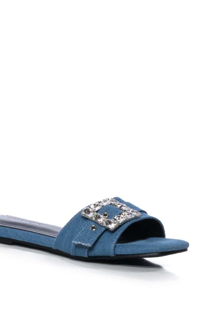 AZALEA WANG NIXIE DENIM FLAT SANDAL WITH EMBELLISHMENT