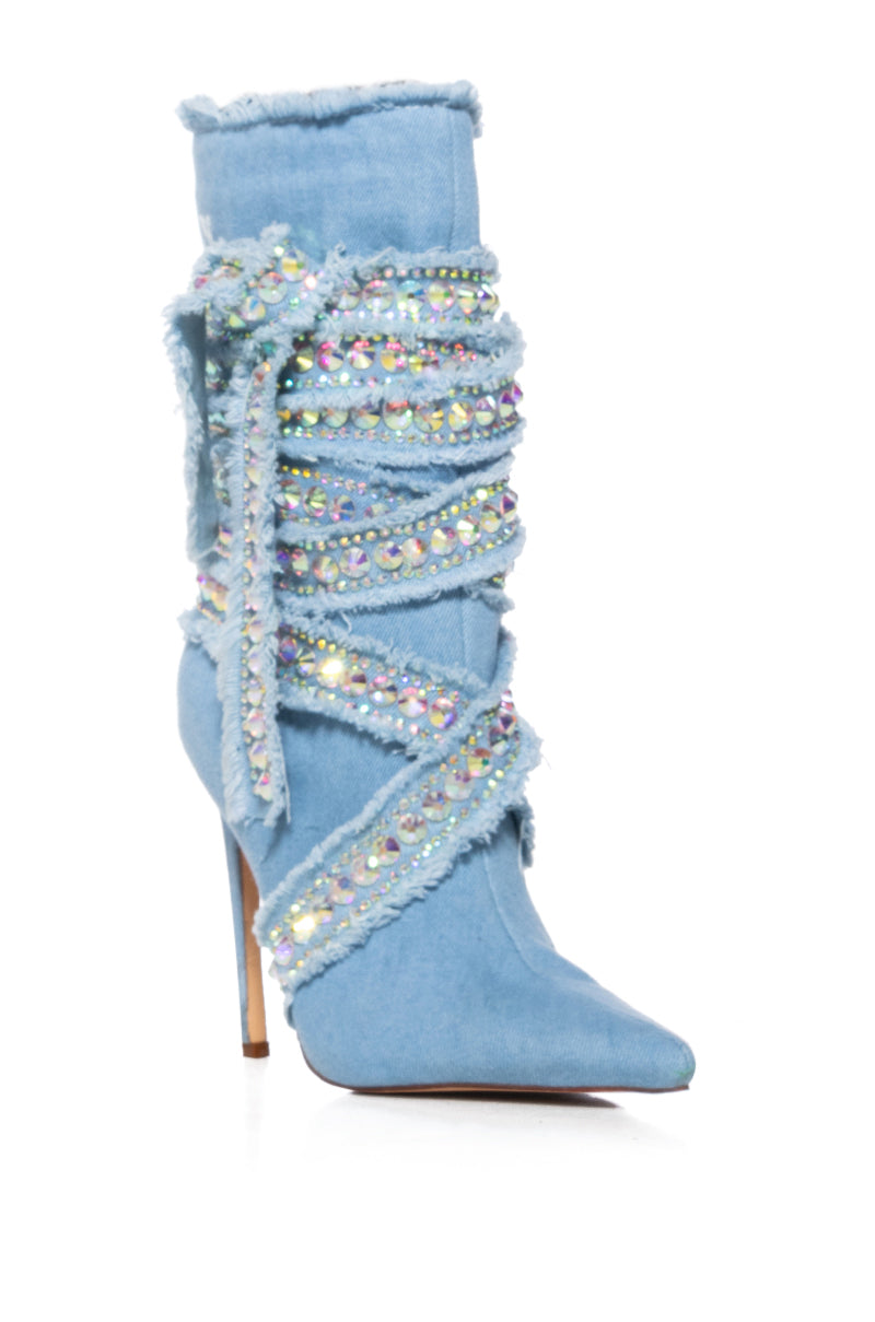 AZALEA WANG FINLAY DENIM BOOTIE WITH RHINESTONE WRAP