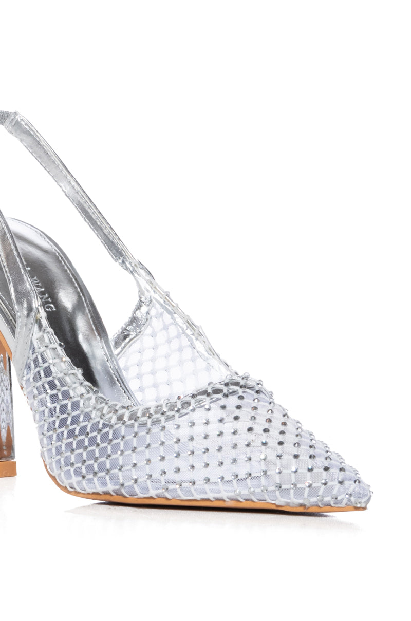 AZALEA WANG EXCITEMENT MESH AND RHINESTONE SILVER PUMP