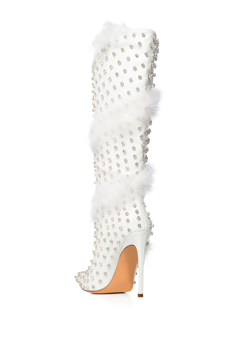 AZALEA WANG GARDENIA FEATHER EMBELLISHED BOOT IN WHITE