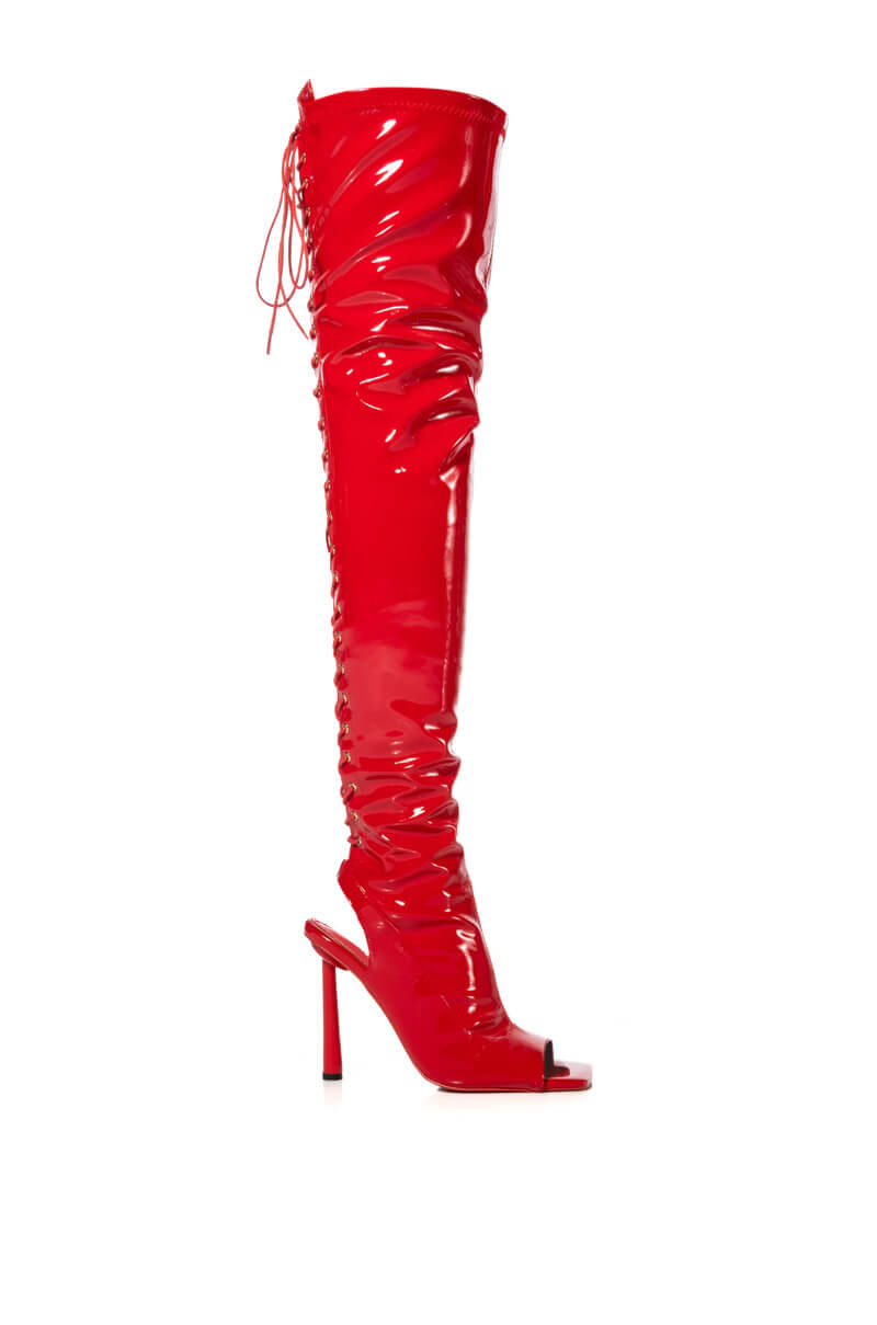 AZALEA WANG YORI SEXY PATENT OPEN TOE BOOT IN RED
