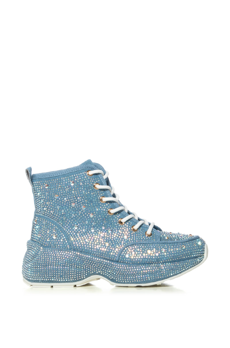 QUEENDOM EMBELLISHED HIGH TOP SNEAKER IN DENIM