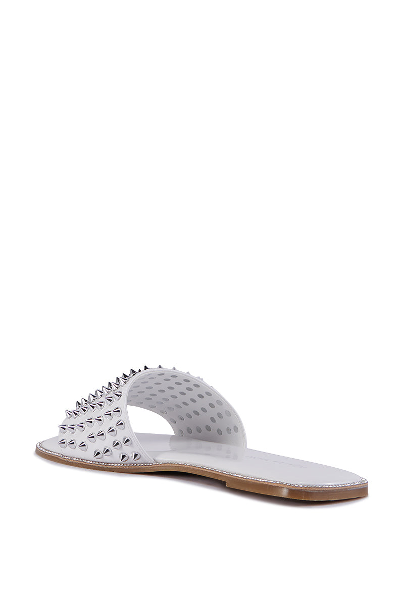 AZALEA WANG EMMONS WHITE SPIKY STUD FLAT SANDAL