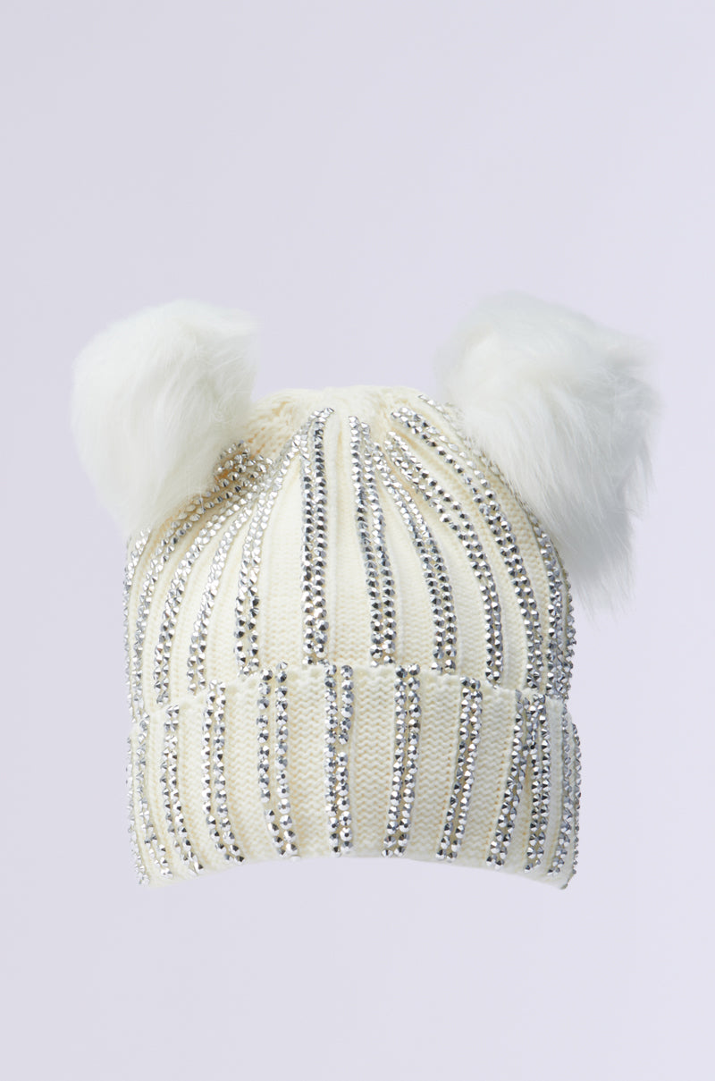 LEXII RHINESTONE KNIT MOUSE BEANIE IN WHITE