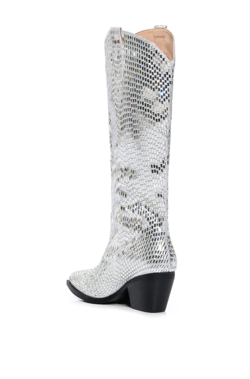 AZALEA WANG DRIVEN RHINESTONE WESTERN BOOT IN SILVER