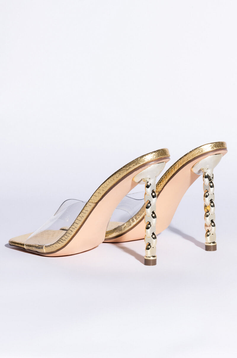 AZALEA WANG HEARTS RACING STILETTO SANDAL IN GOLD