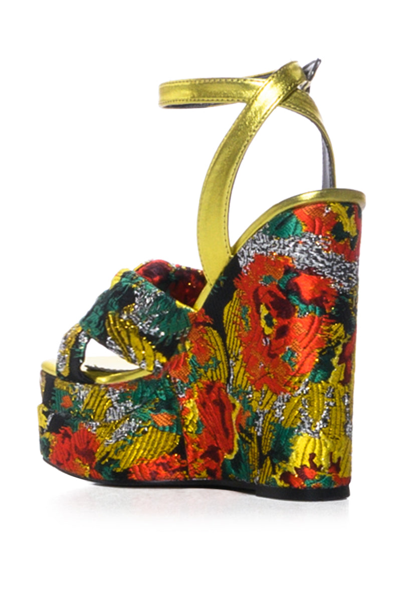 AZALEA WANG CHARMED BROCADE WEDGE SANDAL IN MULTI