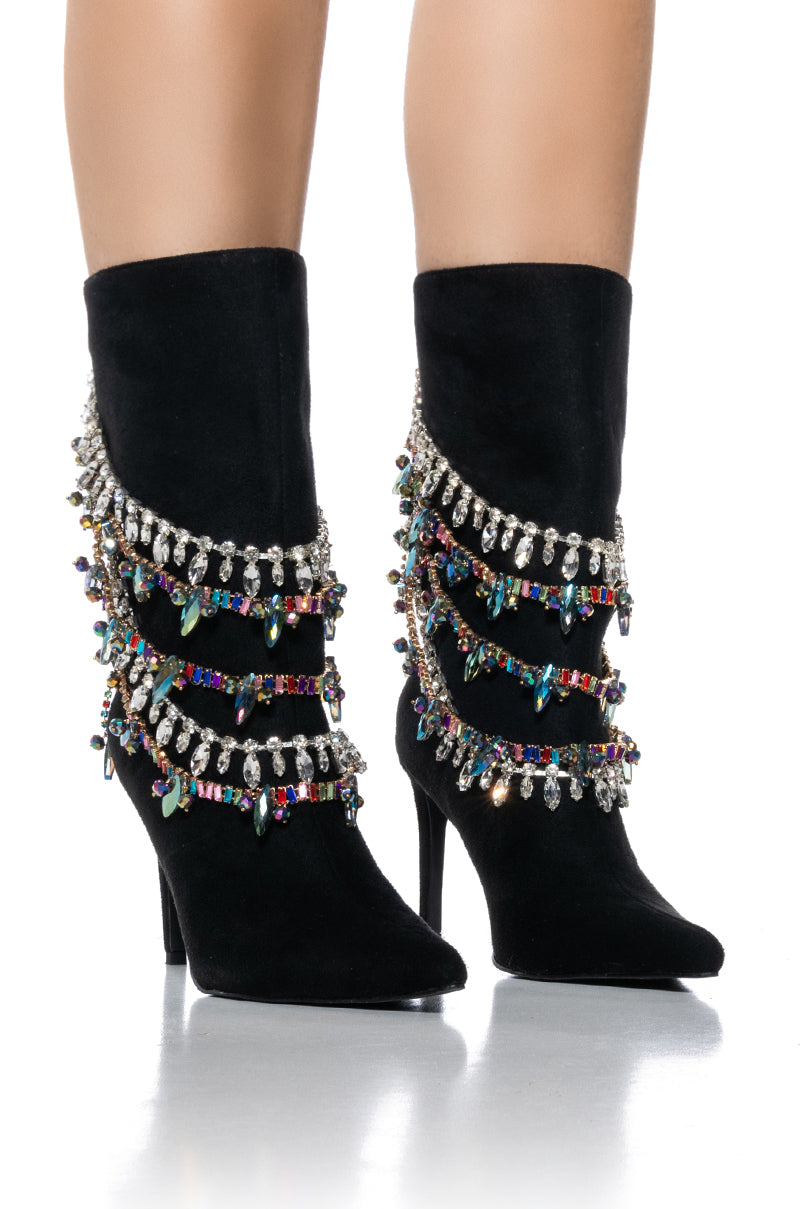 AZALEA WANG CONEJITO BLACK SUEDE BOOTIE WITH RAINBOW DIAMONDS