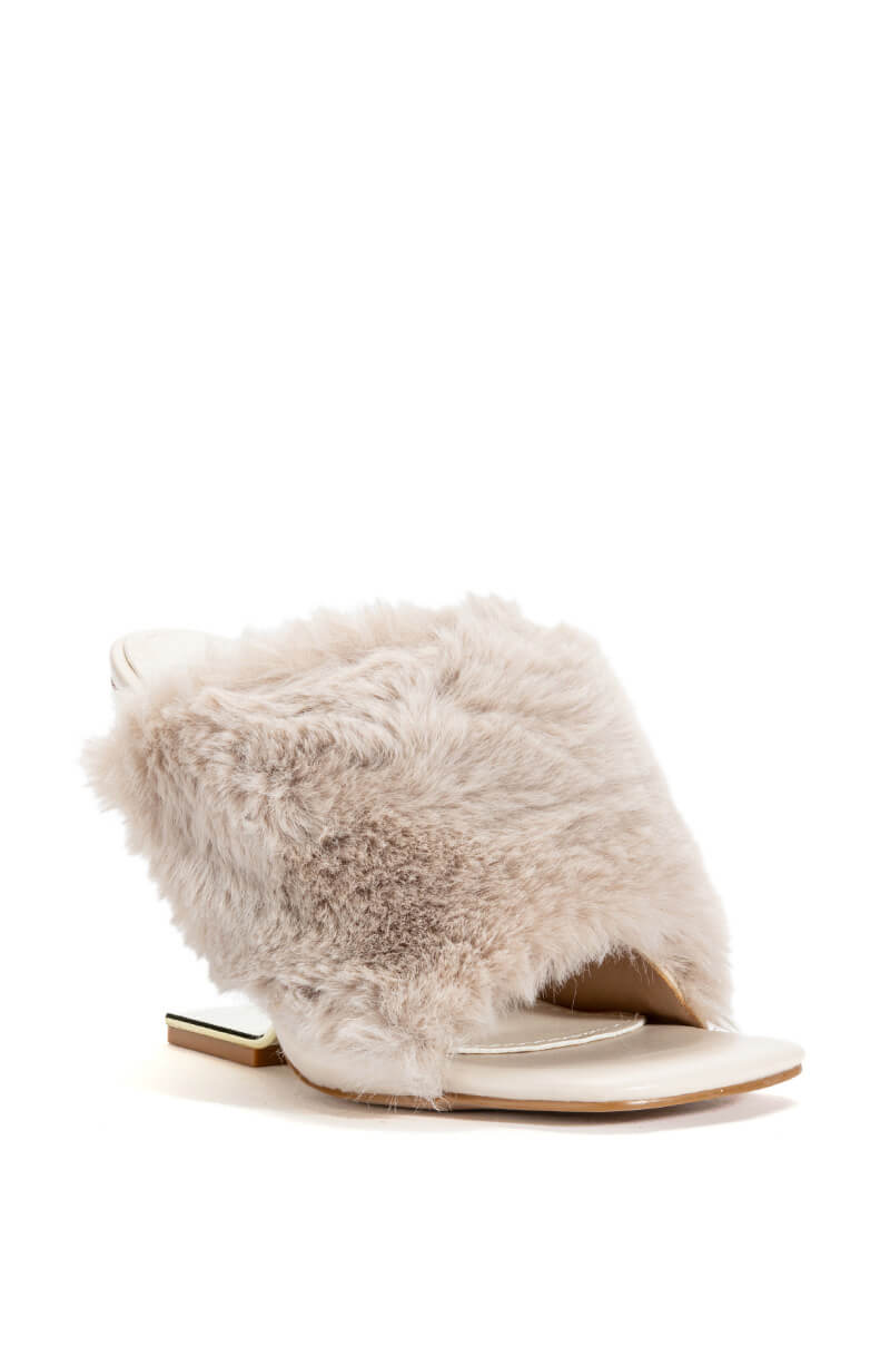 AZALEA WANG REMI FUR WEDGE SANDAL IN TAUPE