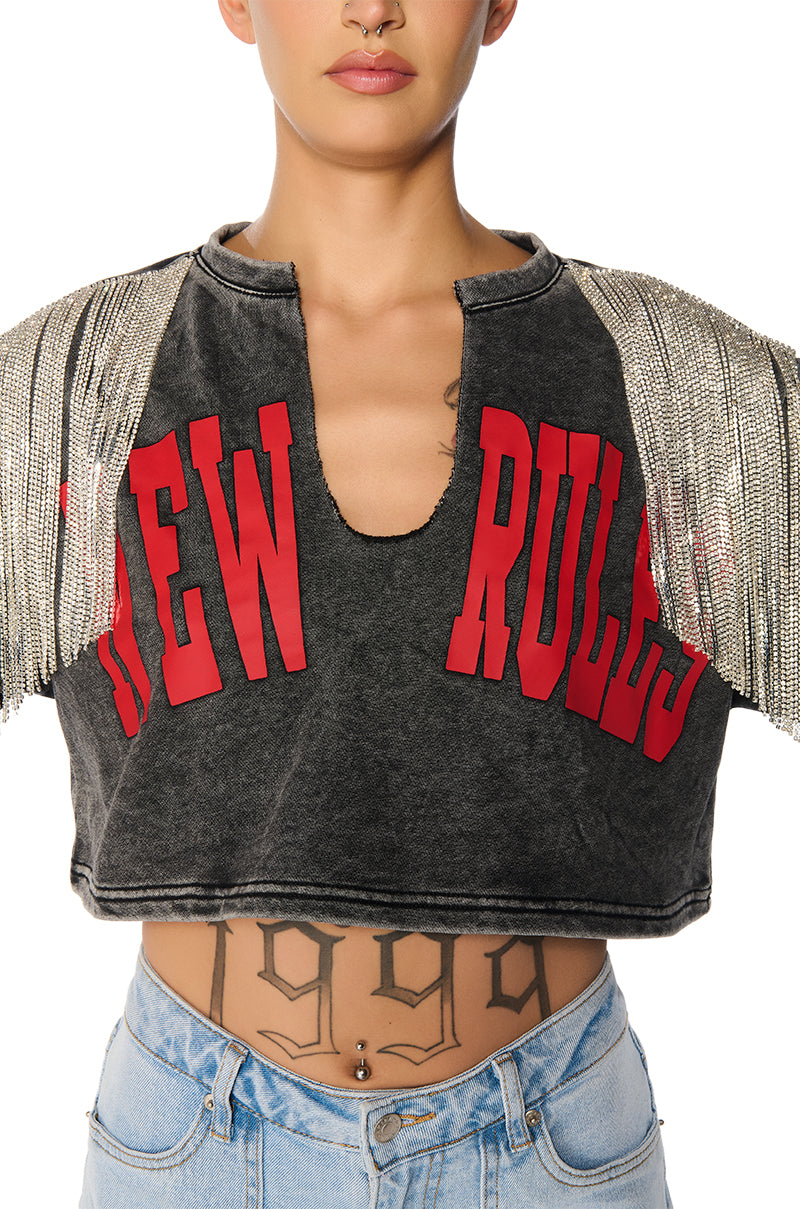 NEW RULES CROPPED RHINESTONE DETAIL SWEATSHIRT