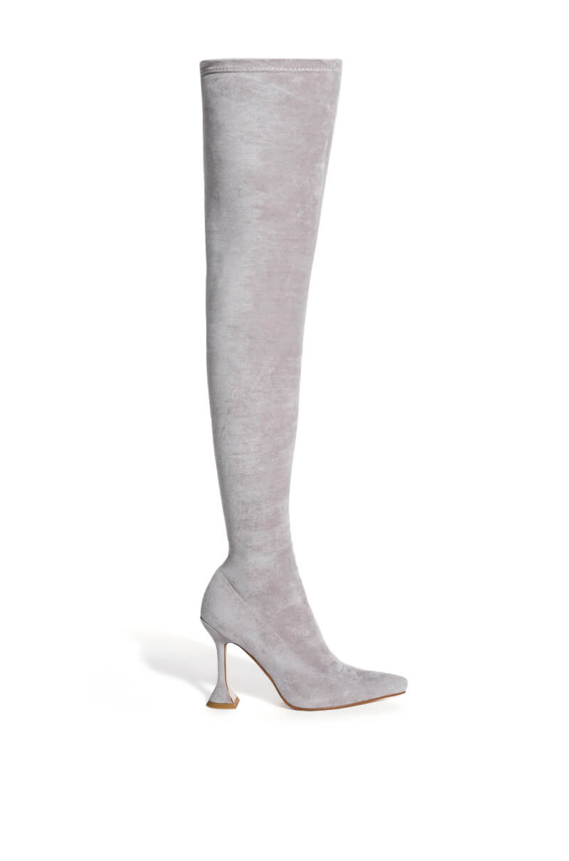 AZALEA WANG ELEVATE THIGH HIGH STRETCH SUEDE BOOT IN GREY