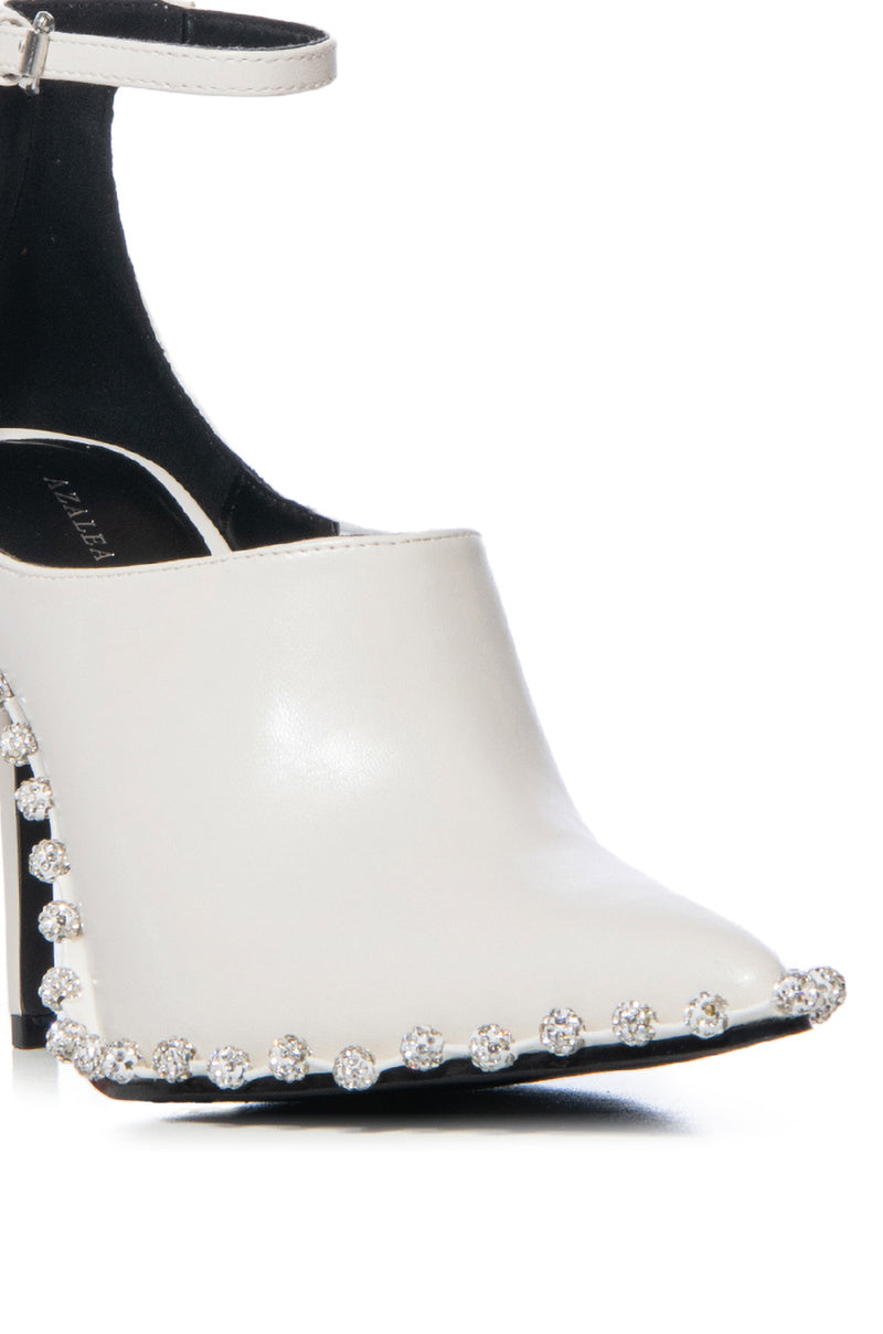 AZALEA WANG FOSSA WHITE EMBELLISHED STRAP PUMP