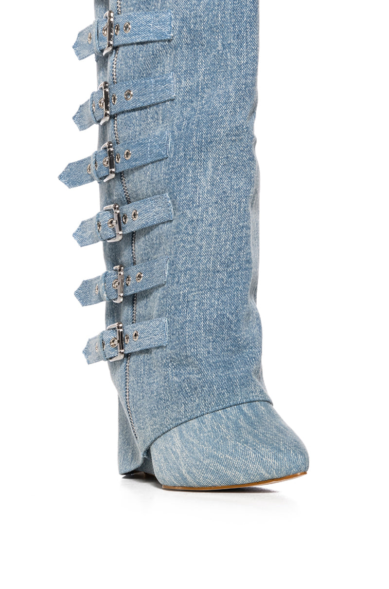 AZALEA WANG RISNA DENIM BUCKLE DETAIL WEDGE BOOT