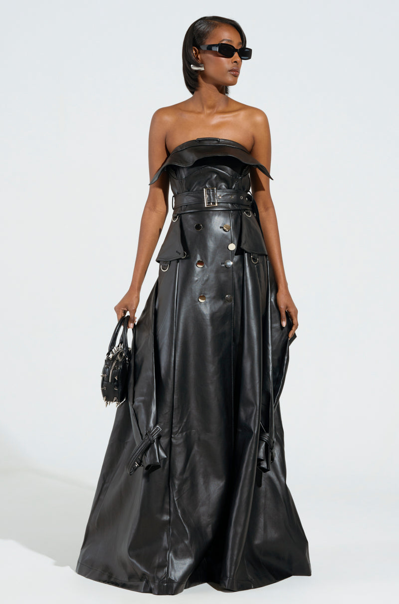 STRAPLESS TRENCH MAXI DRESS IN PU